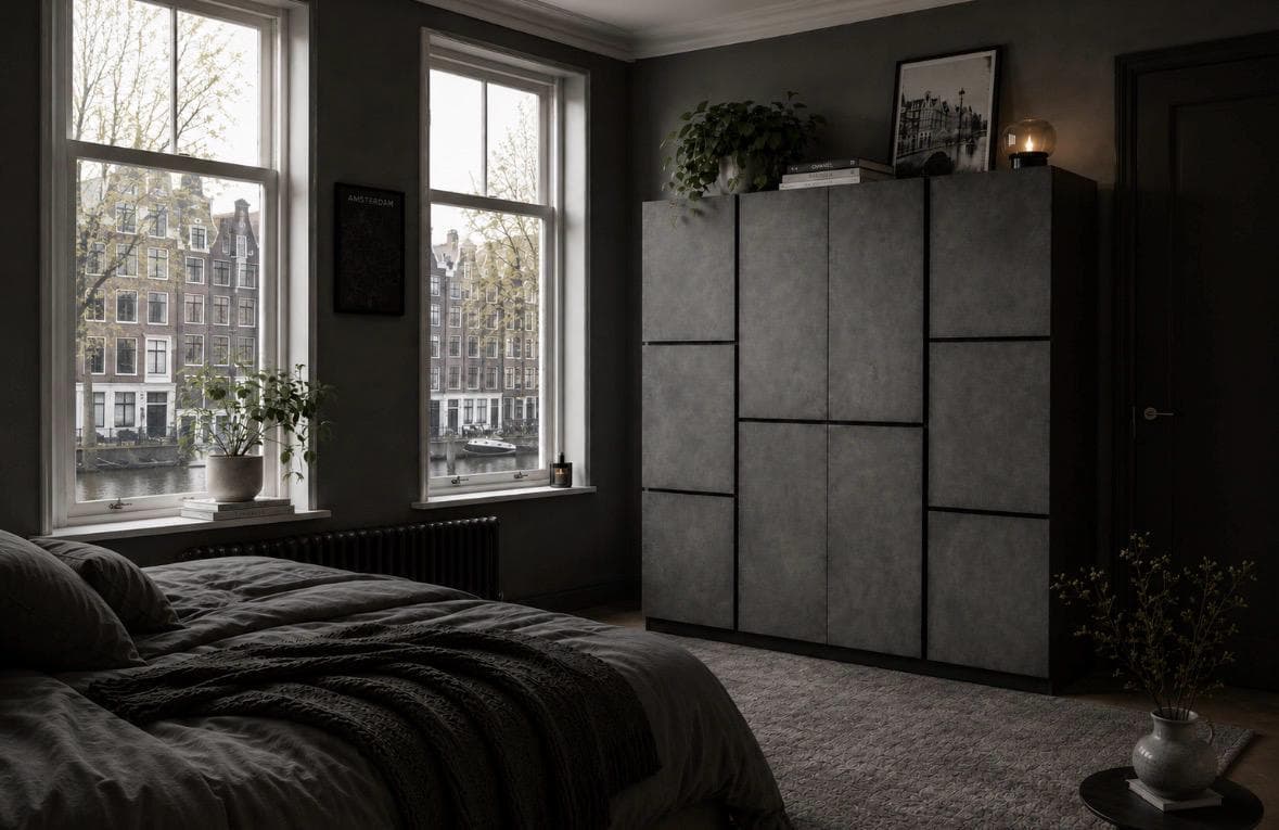 Modulaire kastenwand in donkere afwerking
